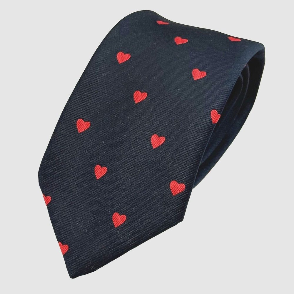 Vtg Heart Print Necktie Tie Mens 56" Short Paddle Navy Blue Red Woven Novelty